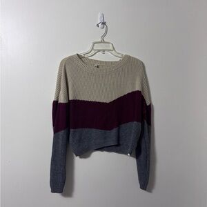 Stylish Colorblock Crew Neck Sweater - Beige, Burgundy, and Gray